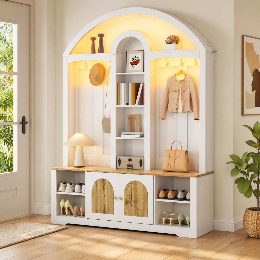Garderobiera ingresso in MDF bianco con ante effetto legno; 150x40x195 cm; con ganci e LED USB