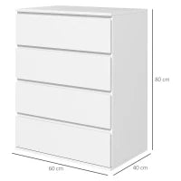 Cassettiera 4 Cassetti in Truciolato con Guide in Metallo e Maniglie Scanalate, 60x40x80 cm, Bianco