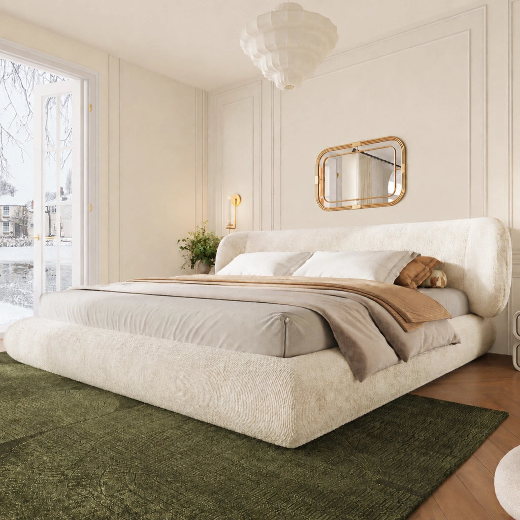 Letto matrimoniale imbottito 140x200 cm beige in ciniglia; testiera e rete a doghe