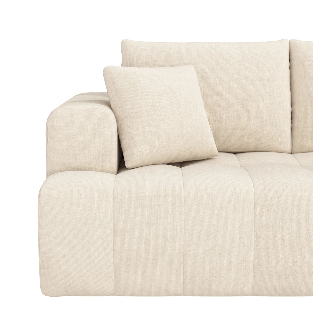 Divano angolare modulare 3-4 posti con chaise longue e 2 cuscini, design basso per soggiorno in chenille beige