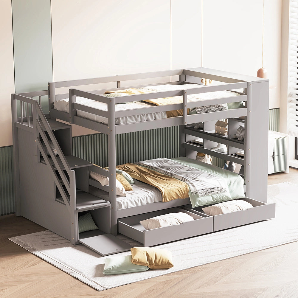 Letto a castello 90x200 cm - Xylo - Grigio con scala di sicurezza e cassetti