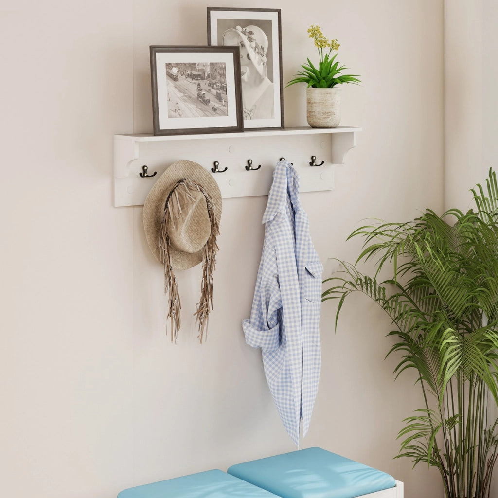 Appendiabiti da muro ripiano appendiabiti legno 80 cm 6 ganci, Appendiabiti da muro asciugamani e borse Bianco-Appendiabiti