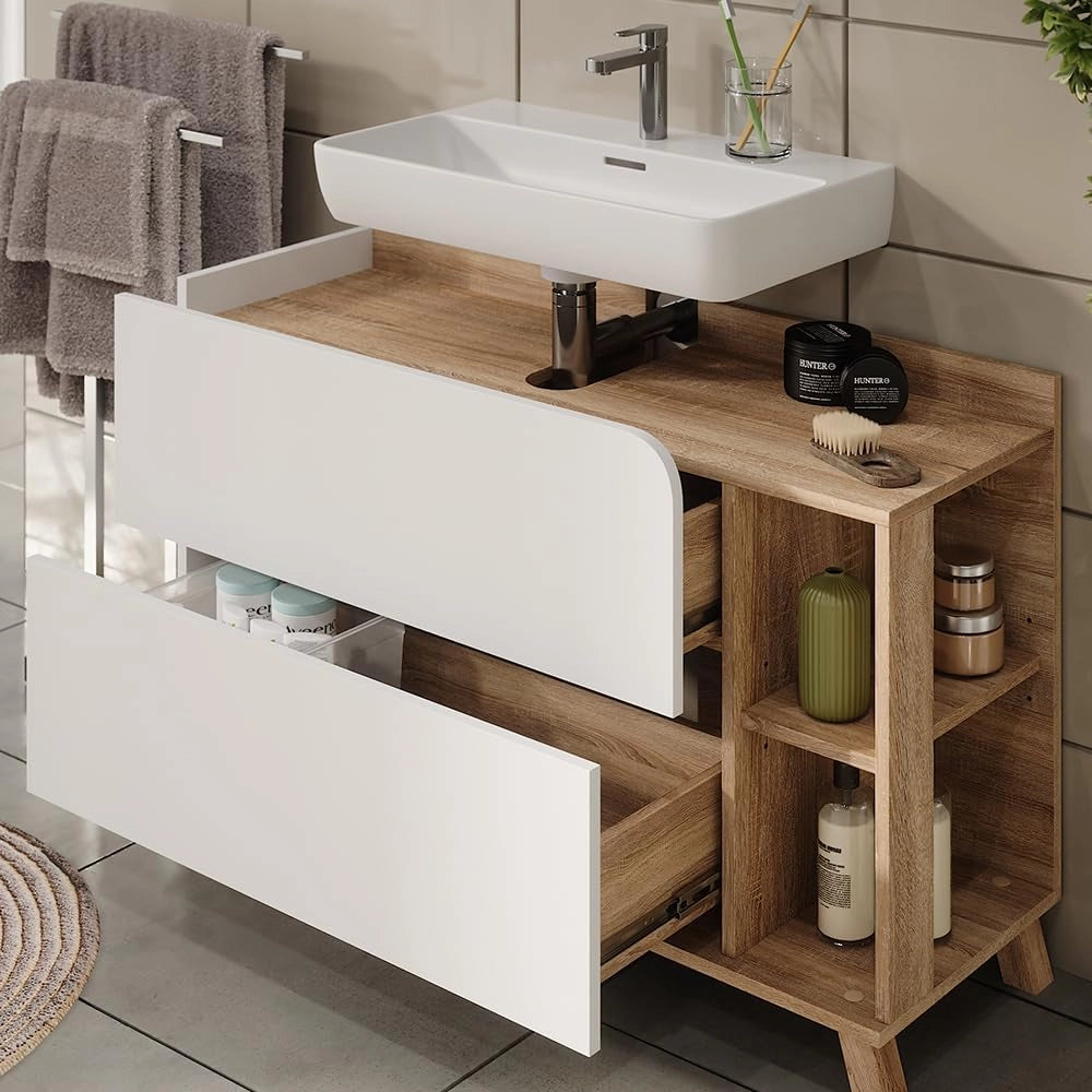 Set di mobili da bagno Karen, Sonoma/Bianco, 100 cm, composto da specchio da bagno e mobile sottolavabo