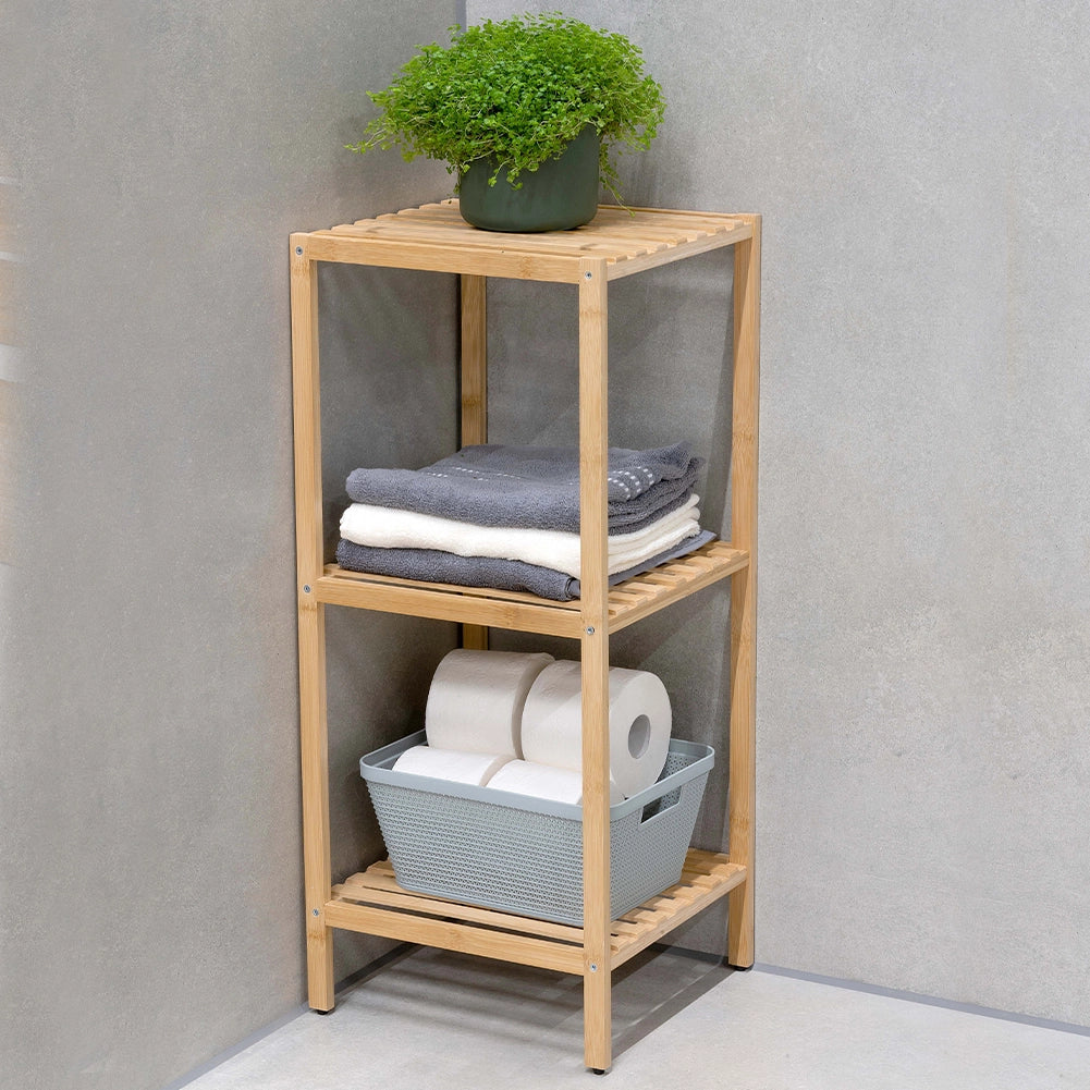 Scaffale a Colonna da Bagno 33x32x77,5 cm Armadio Organizer 3 Ripiani in Legno Bambù