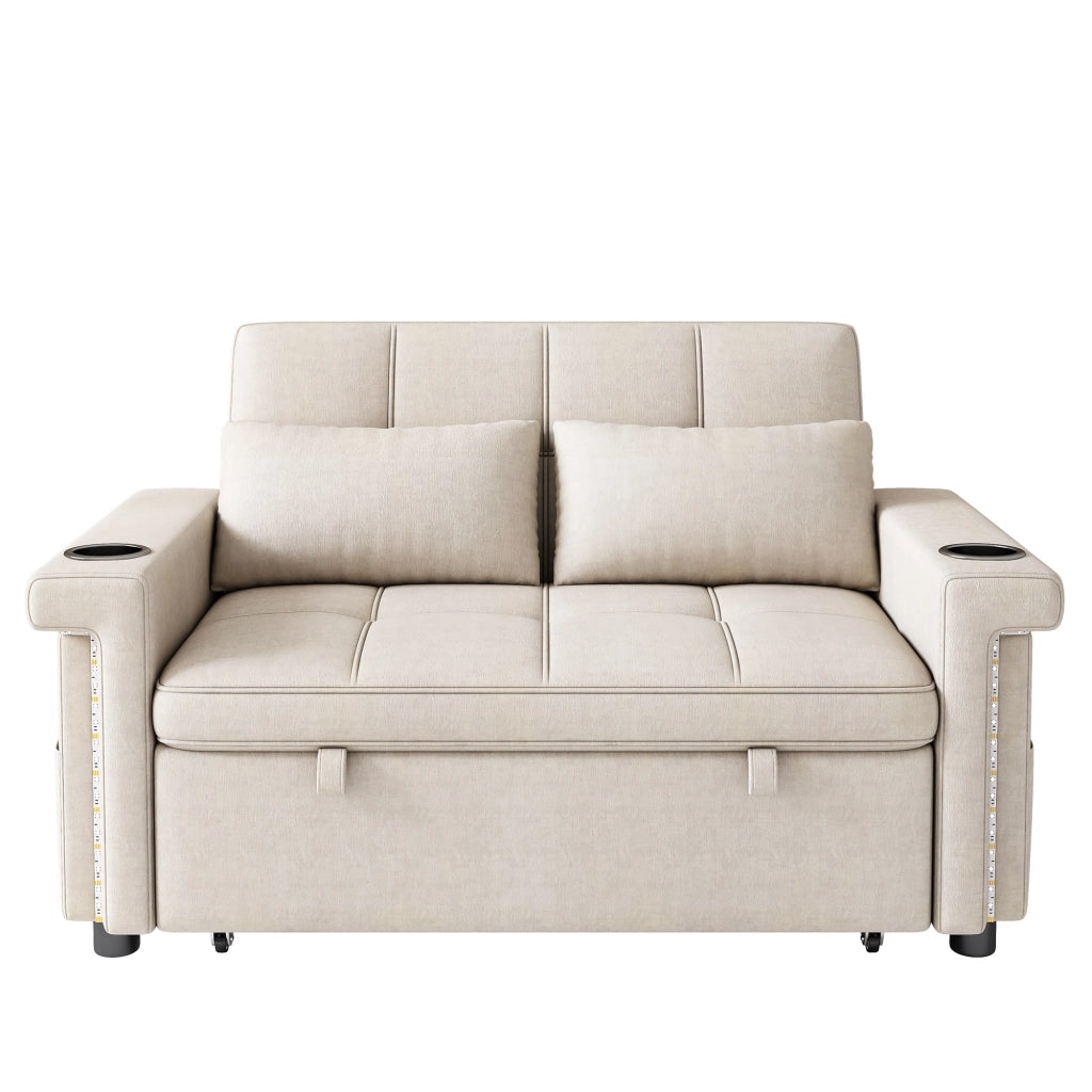 Divano letto 2 posti - con schienale regolabile; LED; USB e portabicchieri - in chenille beige