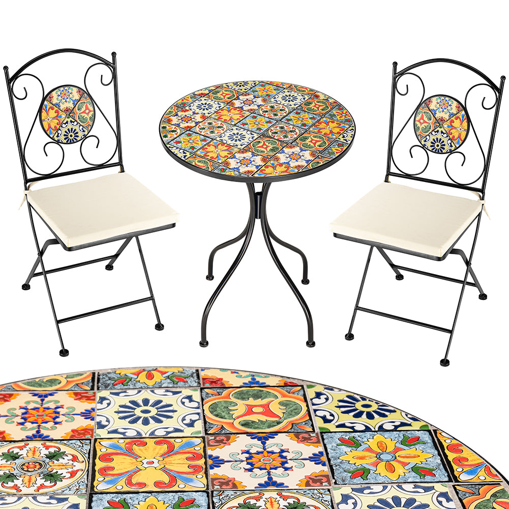 Set Tavolo e Sedie Pieghevoli con Cuscino Design Mosaico Arredo Esterno Giardino