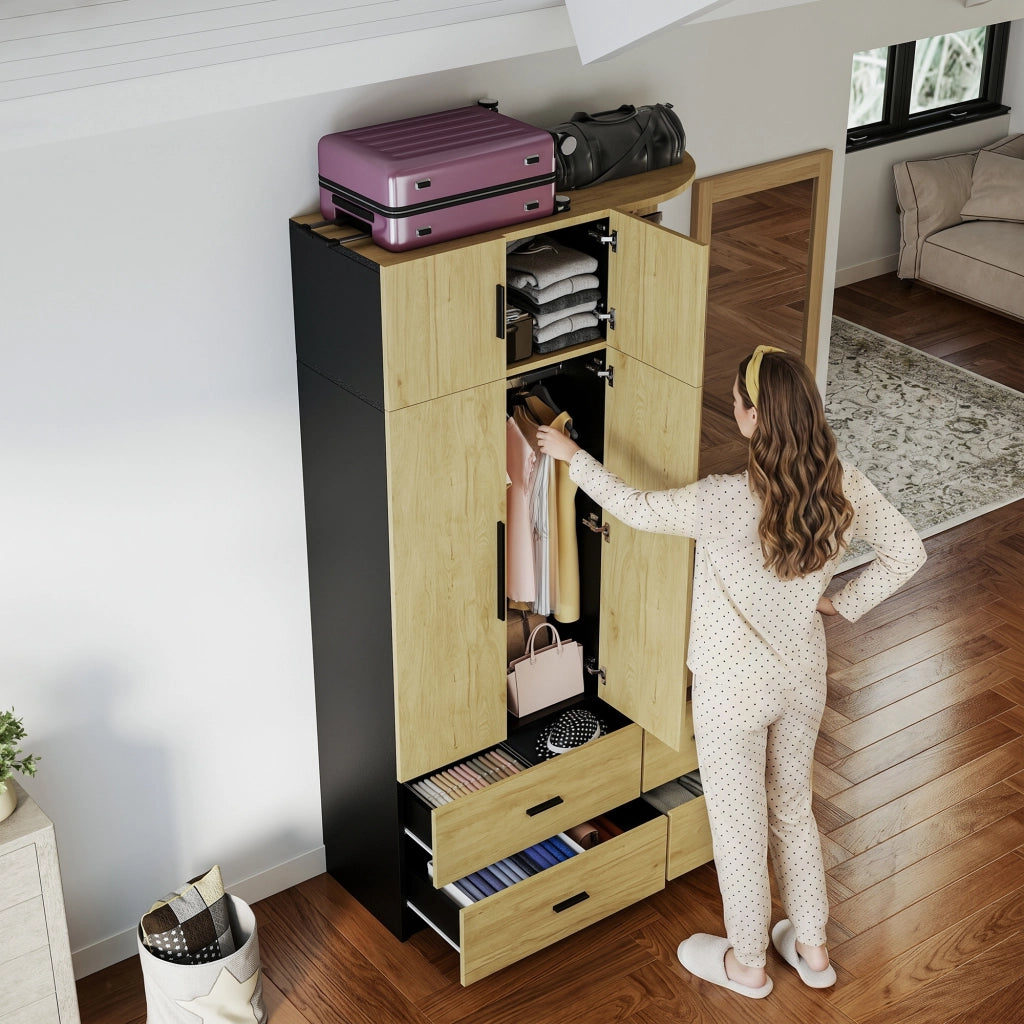 Armadio con asta appendiabiti, 5 cassetti, mobile contenitore, finitura effetto legno, colore legno naturale e nero