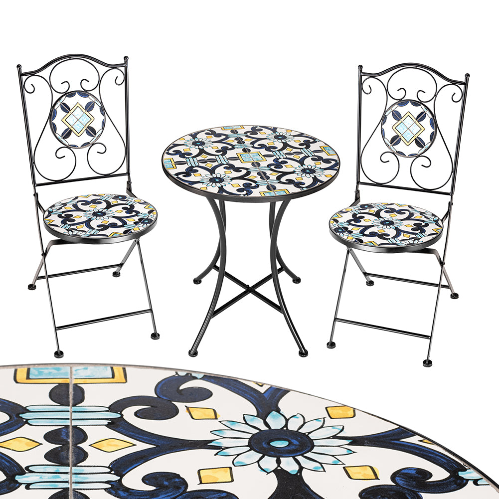 Set Tavolo e Sedie Pieghevoli Tavolino Design Mosaico Blu Arredo Esterno Giardino