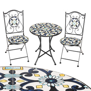 Set Tavolo e Sedie Pieghevoli Tavolino Design Mosaico Blu Arredo Esterno Giardino