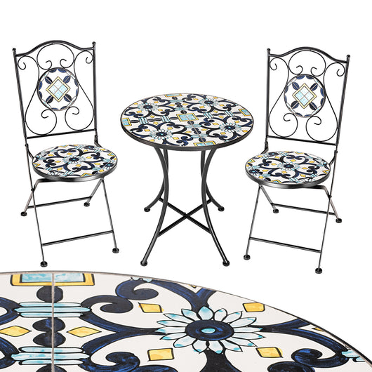 Set Tavolo e Sedie Pieghevoli Tavolino Design Mosaico Blu Arredo Esterno Giardino