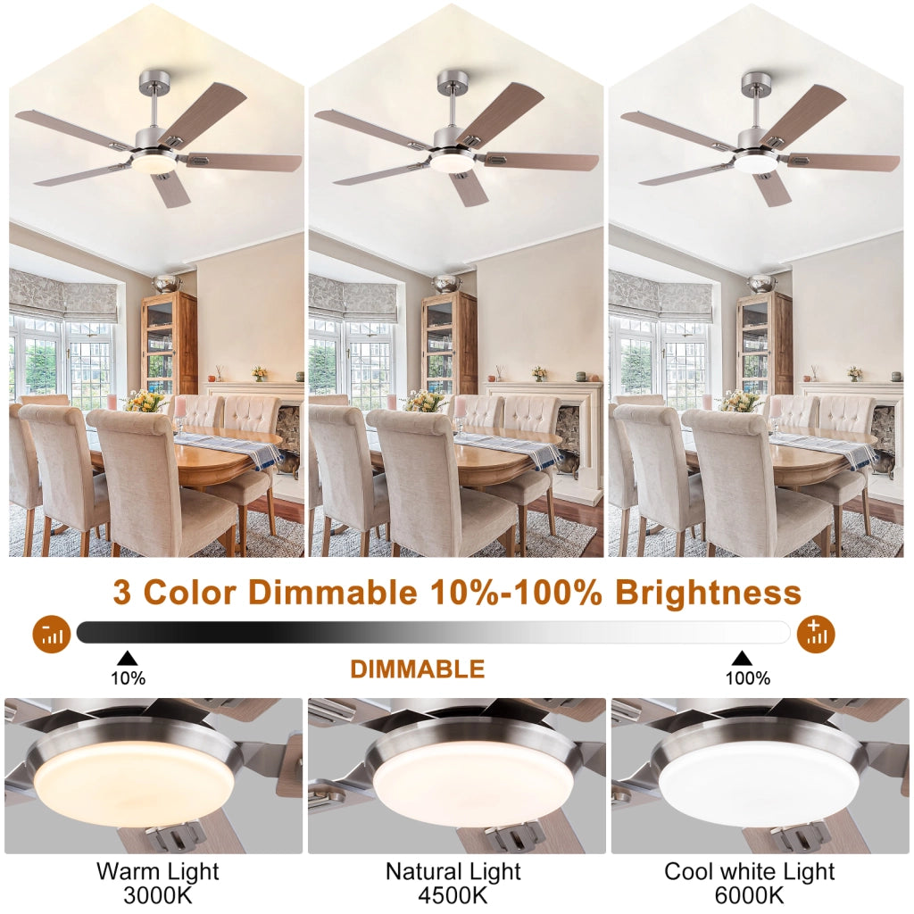 Ventilatore da soffitto con luce e telecomando in metallo e legno nickel dimmerabile con 6 velocità