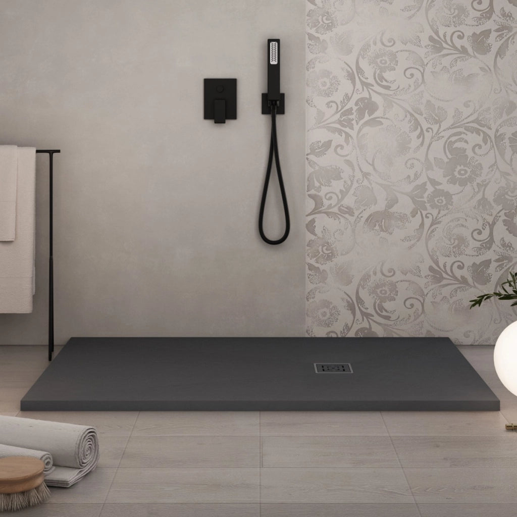 Piatto doccia in marmoresina grigio scuro effetto pietra cemento passion, misura 75x170