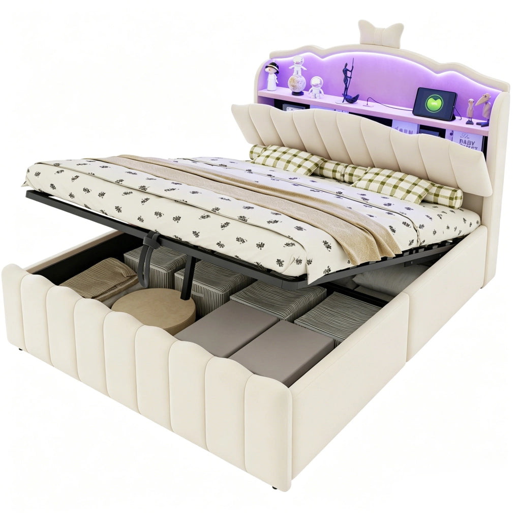 Letto imbottito ULEVR 140x200 cm beige con contenitore idraulico, LED multicolore, USB e USB-C