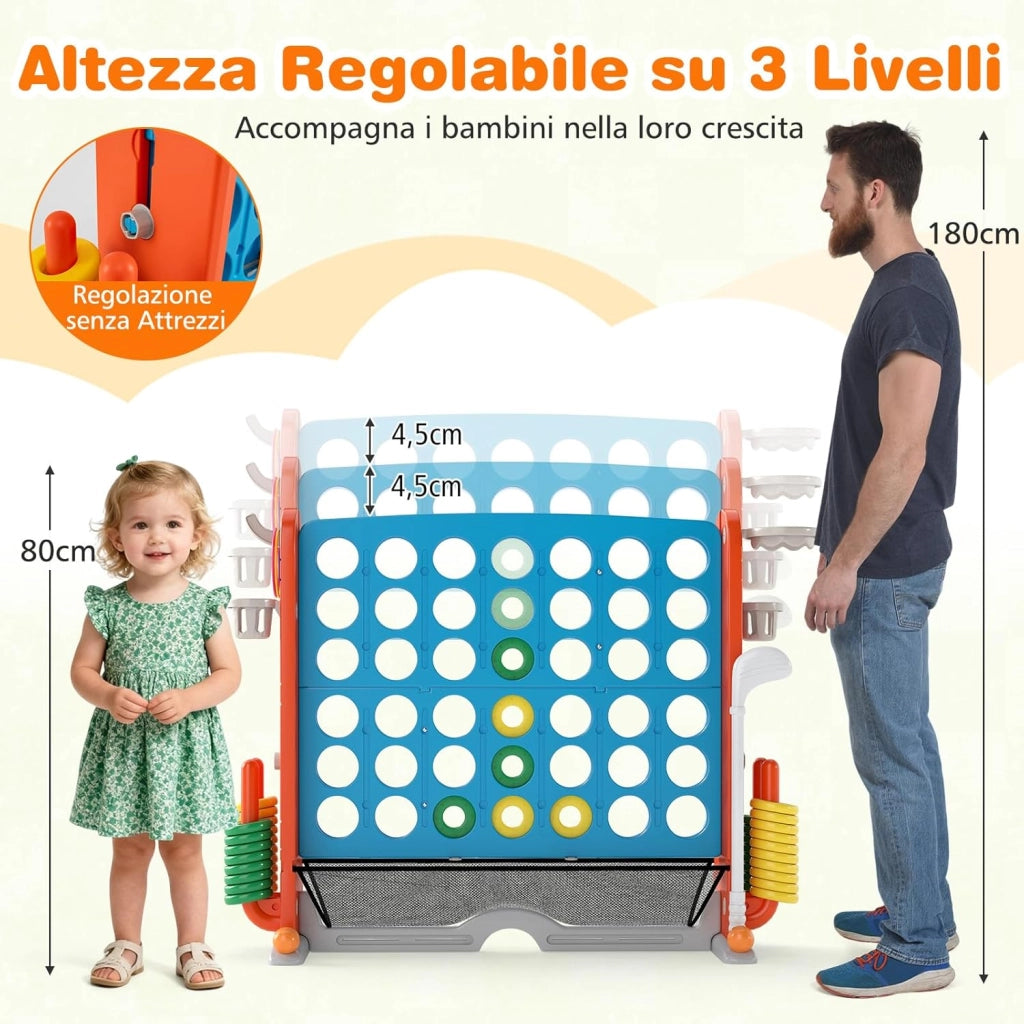 4 in 1 Forza 4 Gigante, Set di Gioco 4 in Fila con Lancio degli Anelli, Canestro da Basket, Palla, Mazza da Golf, Porta Bicchieri, Borsa e Tasca a Rete, Forza 4 Regolabile in Altezza (Azzurro)