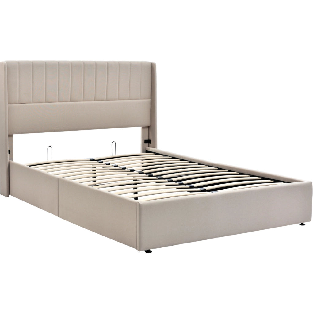 Letto matrimoniale con contenitore 140x200 cm in lino beige; testiera imbottita e rete sollevabile