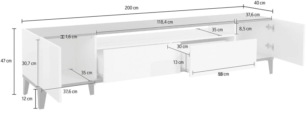 Mobile TV 2 Ante 2 Cassetti 200x40x47 cm Sunrise Bianco Lucido e Ardesia
