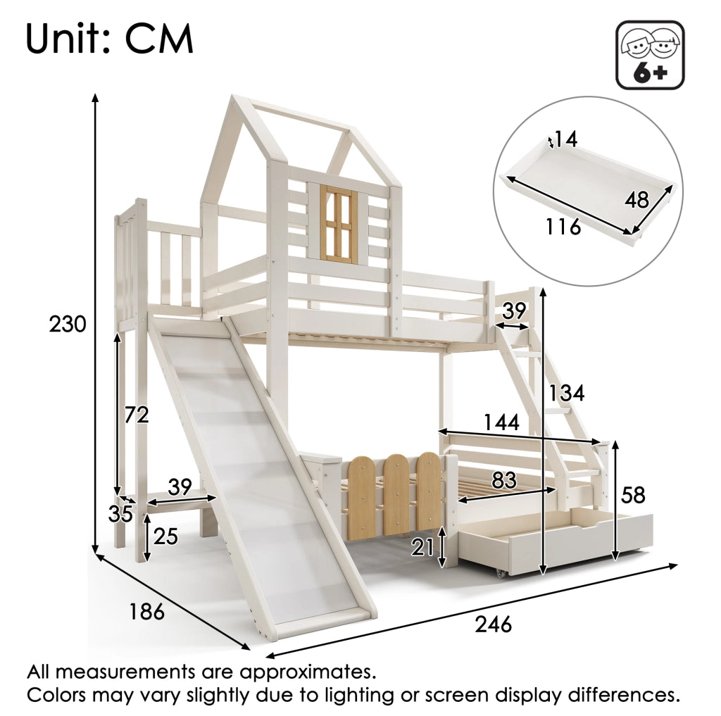Letto a castello 90x200/140x200 con scivolo e cassetto