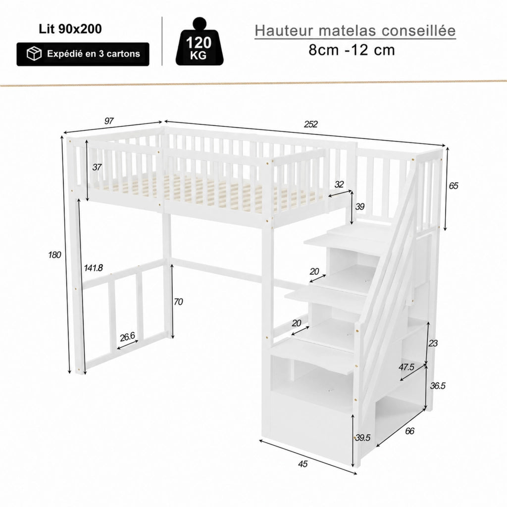 DESMIU Letto a soppalco 90 × 200 cm 1 posto con scala contenitore e scrivania, senza materasso, bianco