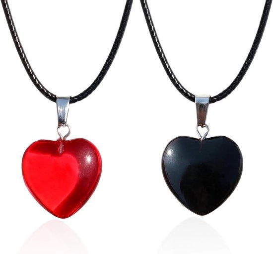 Set di 2 catenelle a forma di cuore - Catenella rossa a forma di cuore con cristalli - Collana elegante per donna - Collana da regalo - Corda in pelle - Gioielli trendy