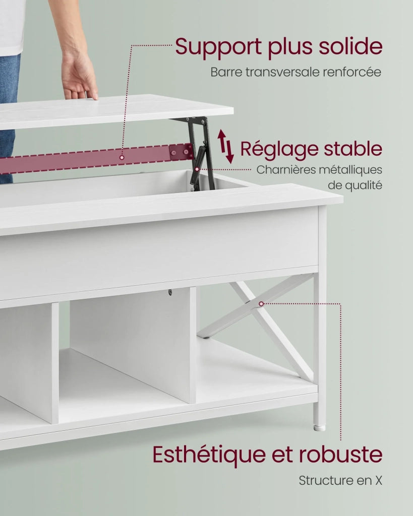 Tavolino da caffè/tavolo da soggiorno con piano sollevabile vano portaoggetti aperto e scomparto nascosto 60 x 100 cm bianco 12_0007472