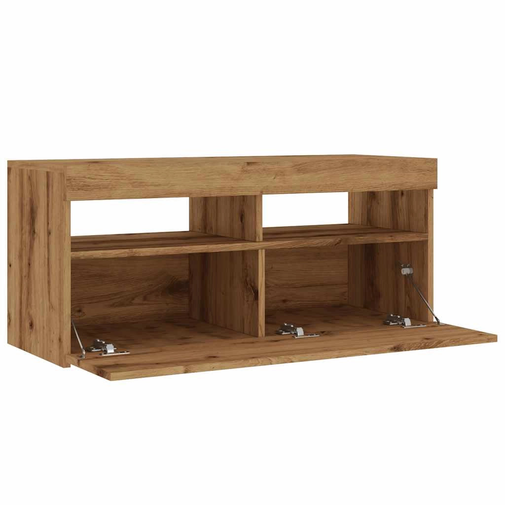 Mobile TV multimediale mensola TV credenza mobile TV sala da pranzo soggiorno camera da letto con luci LED rovere lavorato a mano legno marrone ingegnerizzato 02_0026707