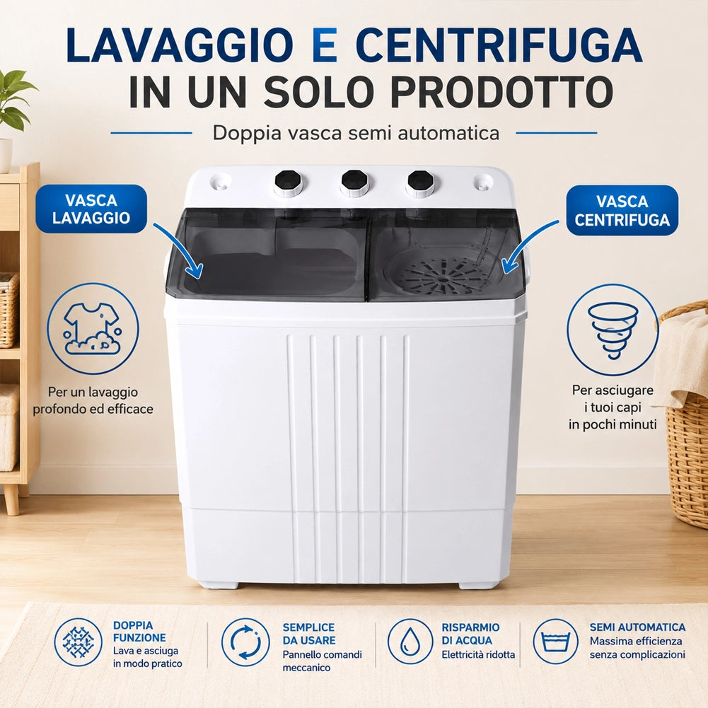 Lavatrice Compatta Semiautomatica 4.5Kg 260W con Centrifuga per Campeggio Viaggi