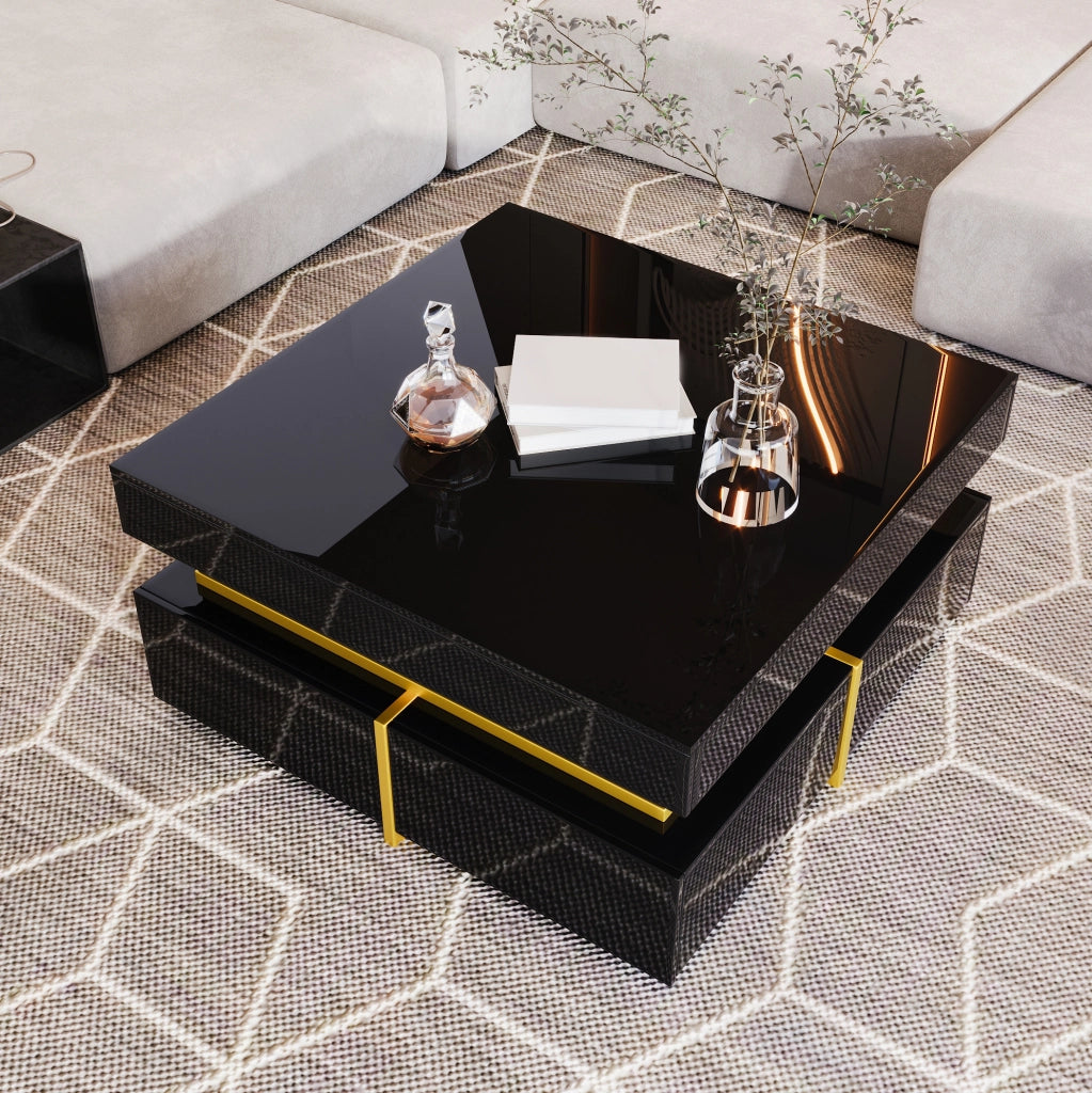 Tavolino da caffè nero lucido 70x70x35;5 cm con 2 cassetti e dettagli oro