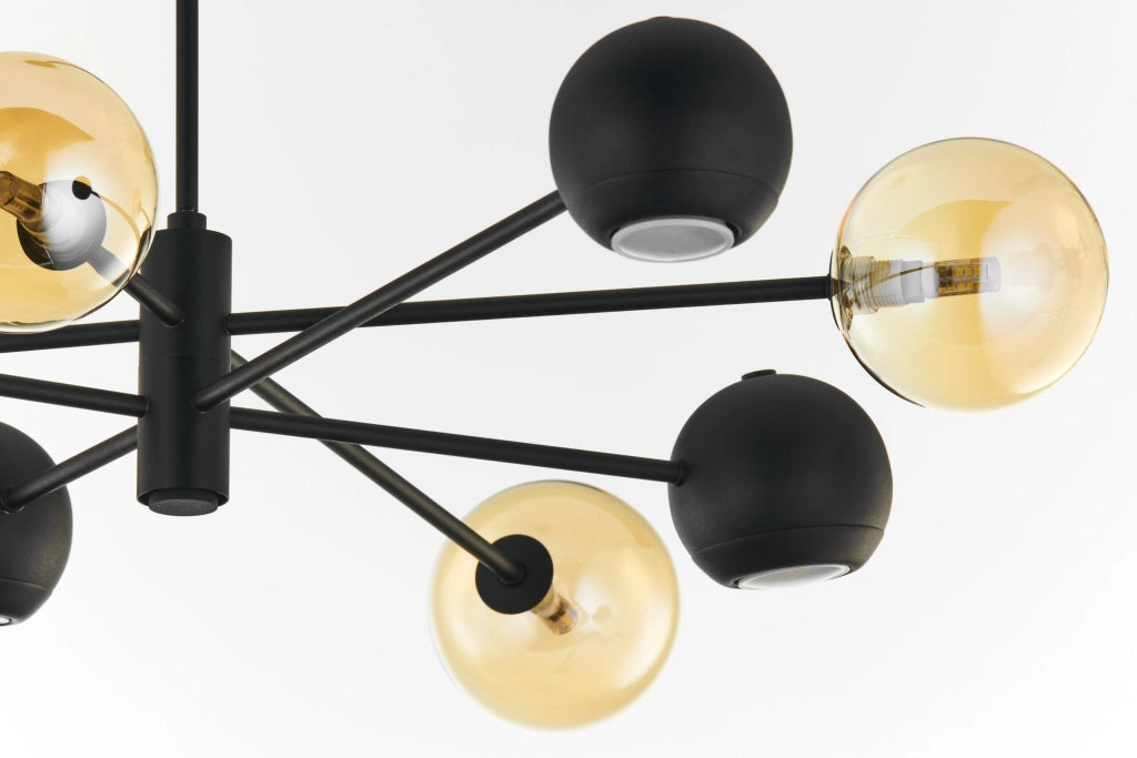Lampadario moderno nero sfere vetro ambra 8 luci Jupiter