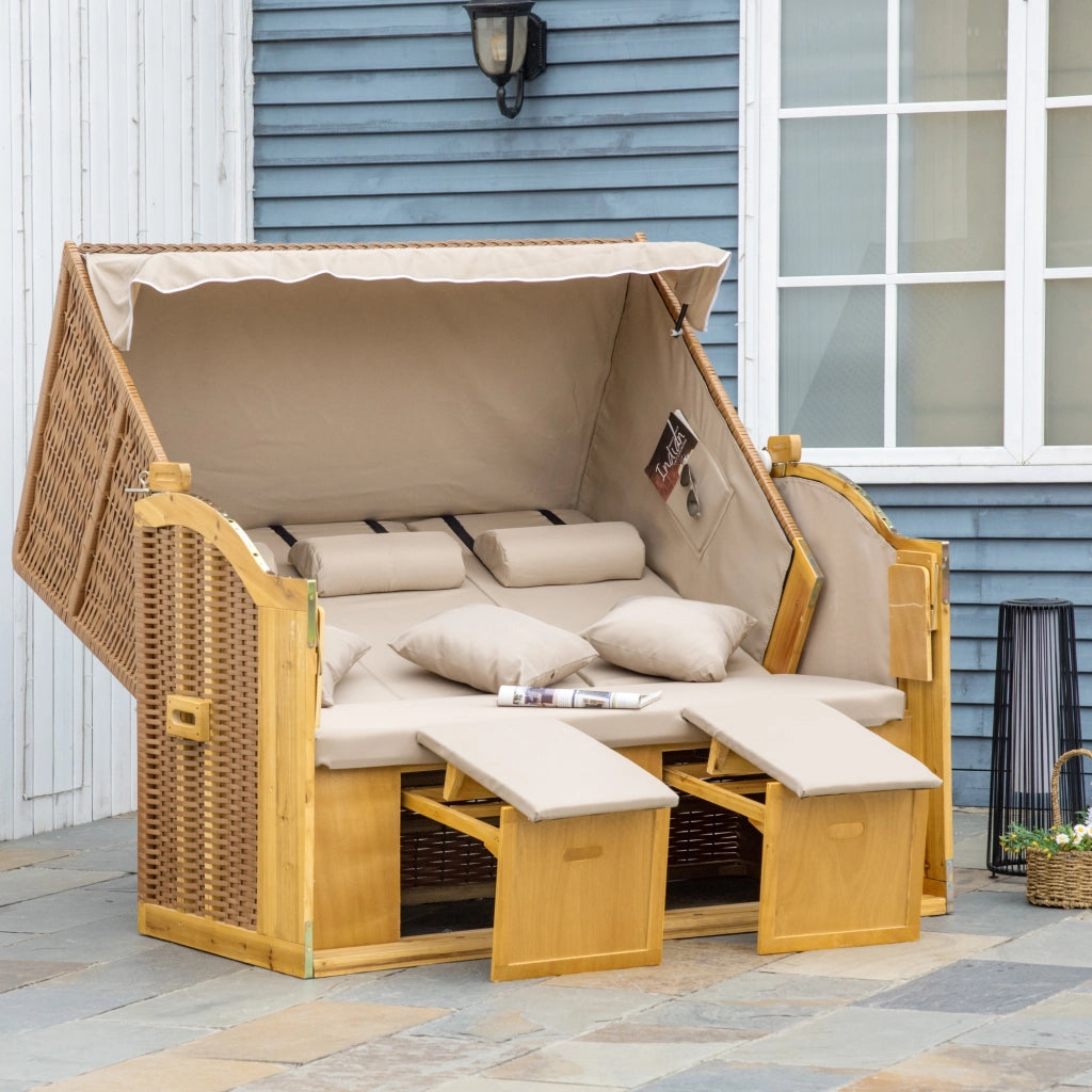 Lettino 3 posti con tetto e tavolini ¨C zephmum ¨C Polyrattan Natur 150x79x160 cm