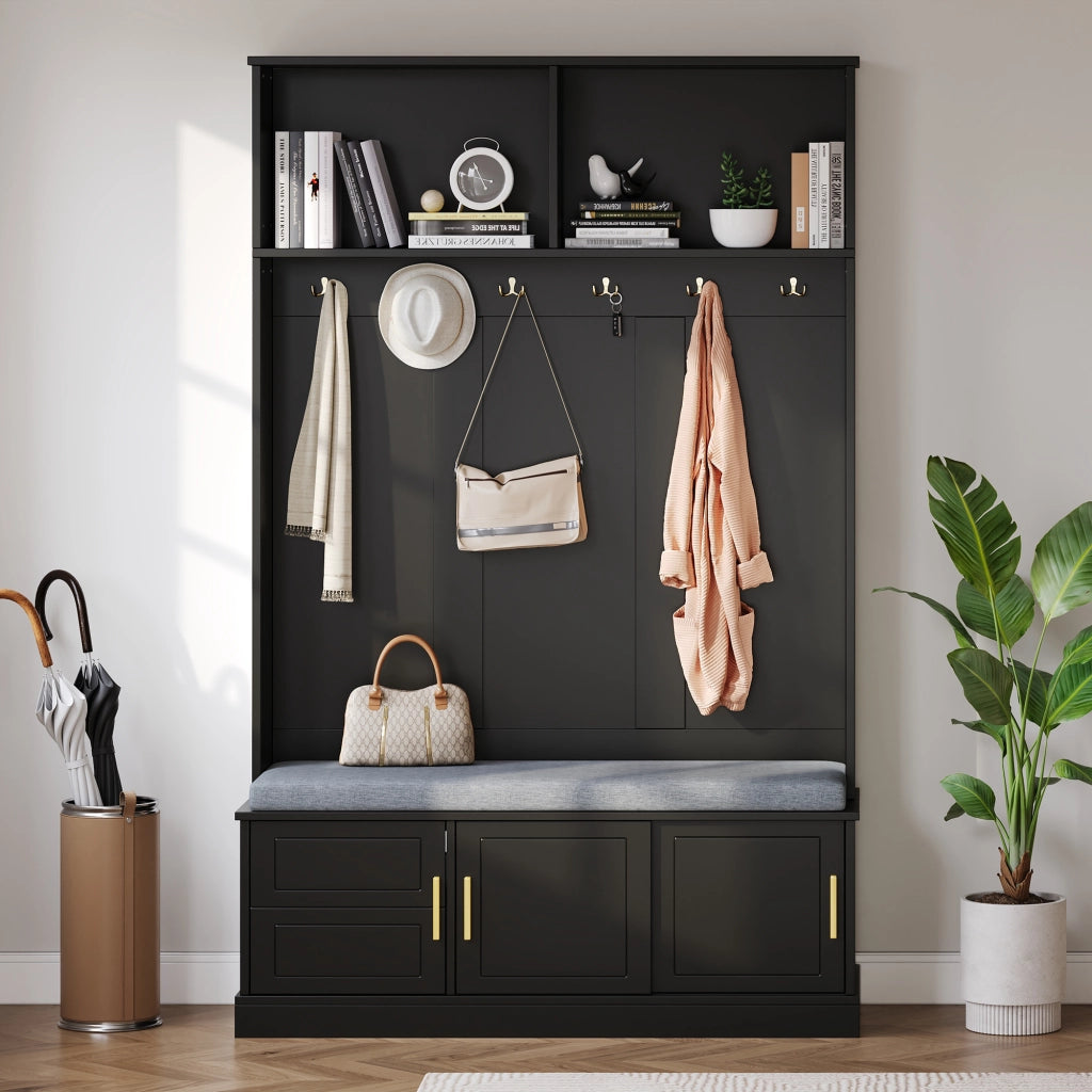 OKWISH Mobile da Ingresso con Panca Scarpiera, 6 Ganci Tripli e Ripiano Aperto, Antiribaltamento, Nero, 120 x 40 x 191 cm