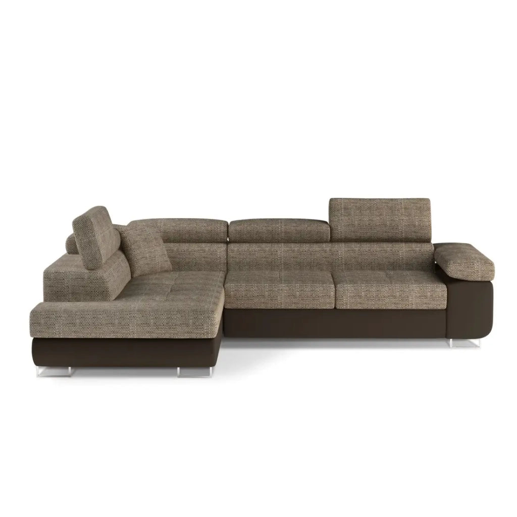 Divano angolare trasformabile MENTON beige e cioccolato bouclé – Angolo sinistro con vano contenitore