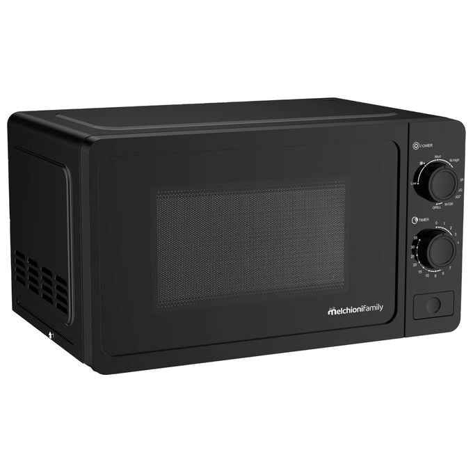 Melchioni family forno a microonde con grill, 20 litri, 800W, 9 livelli di potenza, timer 35 minuti, piatto in vetro, nero