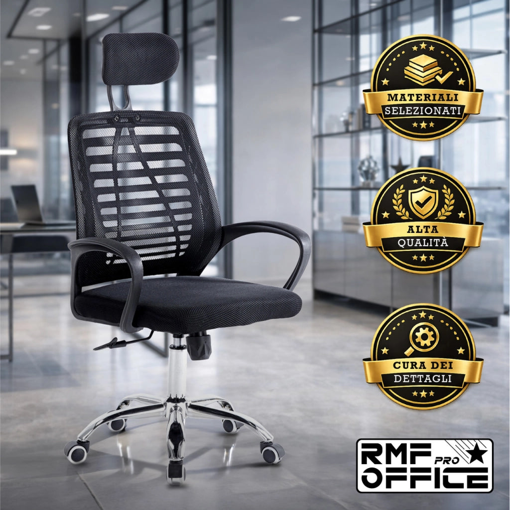 RMF Sedia Ufficio Ergonomica Professionale Reclinabile, Sedia Scrivania in Rete con Seduta Comoda e Rilassante - Poltrona Relax Ufficio con Ruote Girevoli Altezza Regolabile Nero