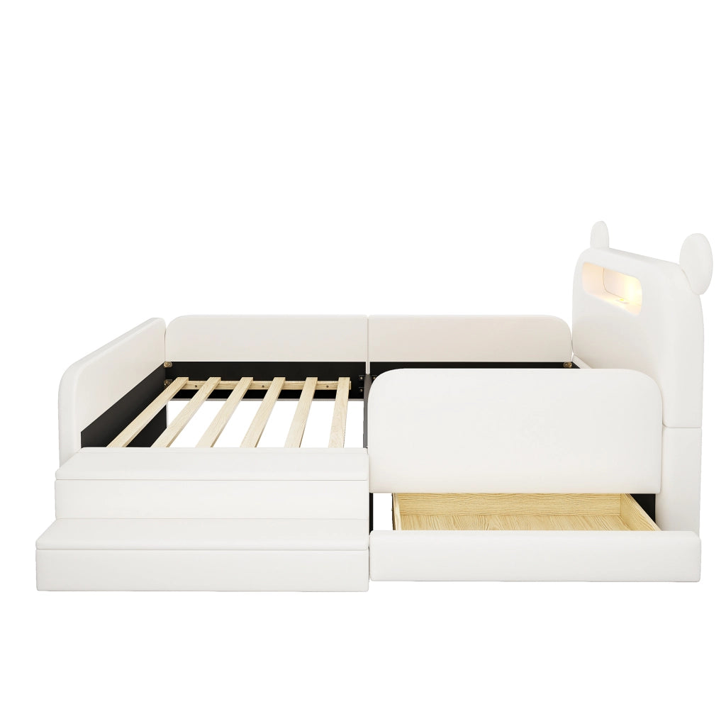 Letto imbottito per bambini con testiera a orso e USB, 90x200 cm, bianco