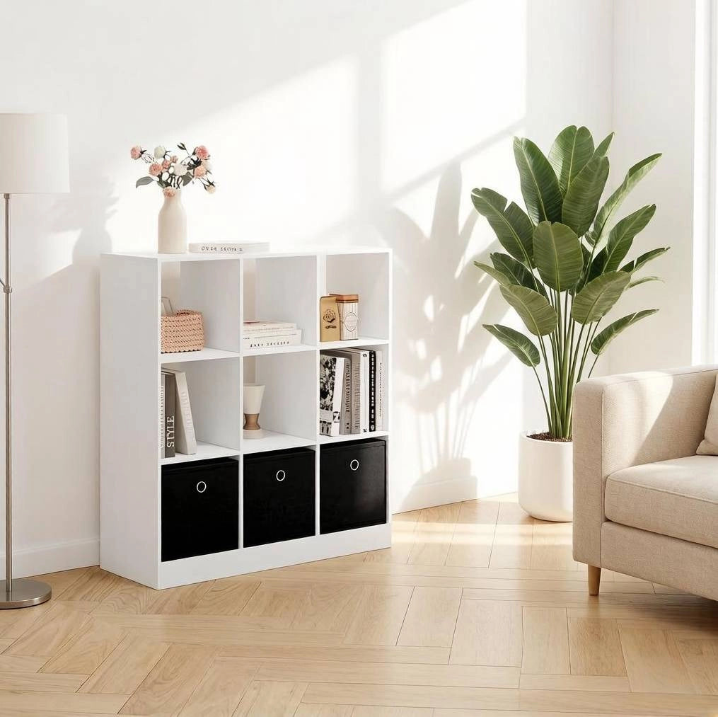 Libreria a Cubi Moderna in Legno E1 con 3 Cassetti in Tessuto, Bianco e Nero, 80x86,5x30 cm