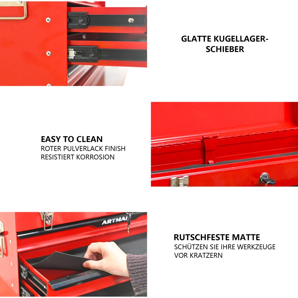 Baule da giardino in acciaio con 3 cassetti e vassoio superiore per officina e garage nero rosso 60 × 29,5 × 42,0 cm
