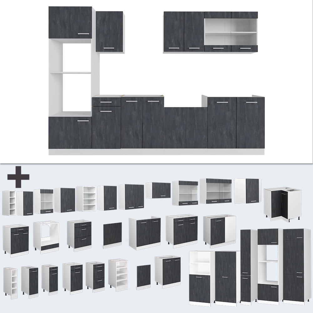 Cucina componibile R-Line Calce nera/Bianco 300 cm senza piano di lavoro Vicco