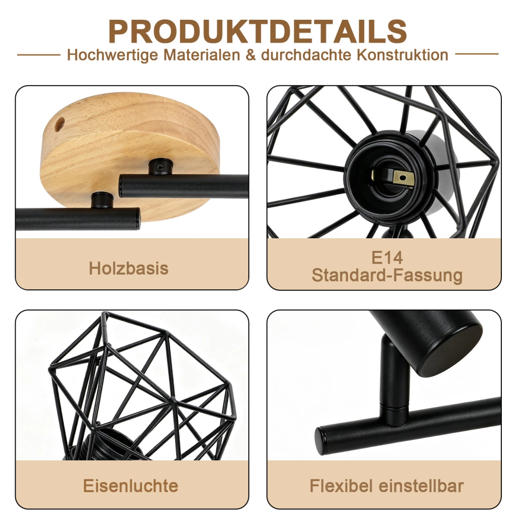 ZMH Faretto da soffitto 4 Luci Nero Legno E14 Vintage Industriale Orientabile 350¡ã per Cucina Soggiorno Senza Lampadina