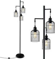 Lampada da Terra Moderna, Lampada da Terra Industriale con 3 Paralumi a Gabbia, Interruttore a Pedale e Base Robusta, Lampada da Salotto, Camera da Letto e Studio [Classe di efficienza energetica A]