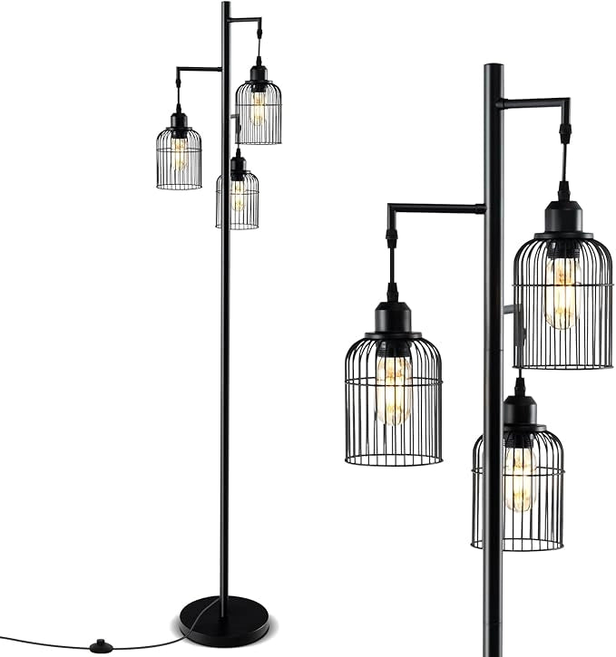 Lampada da Terra Moderna, Lampada da Terra Industriale con 3 Paralumi a Gabbia, Interruttore a Pedale e Base Robusta, Lampada da Salotto, Camera da Letto e Studio [Classe di efficienza energetica A]