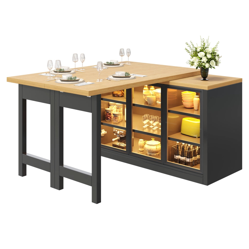 mobile contenitore multifunzione con tavolo da pranzo estensibile; ante in vetro push-to-open; per cucina e sala da pranzo