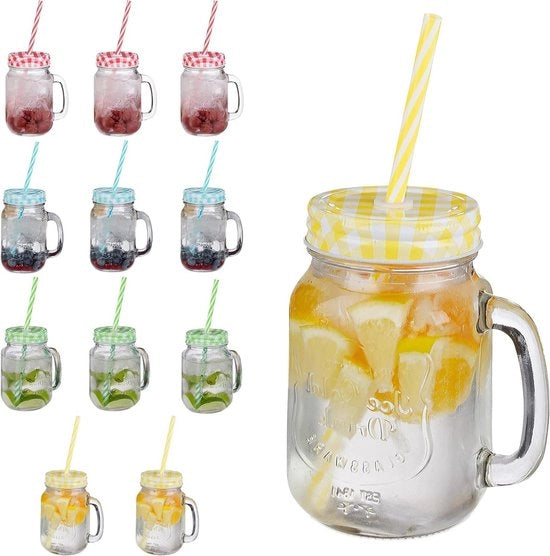 Set di Jarre per Smoothie in Vetro da 12 - Bicchieri per Bevande con Coperchio, Manico e Stuzzo 500 ml (Colorati)