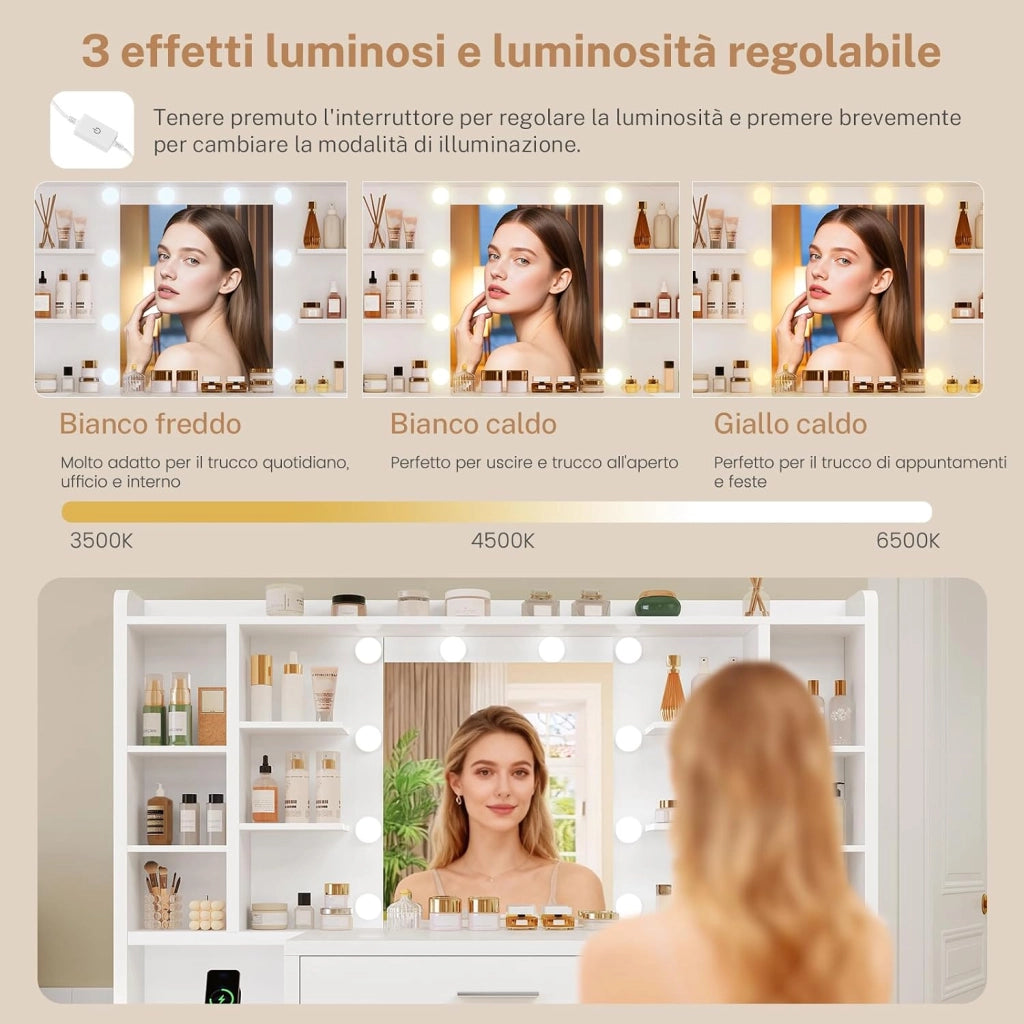 Grande Toeletta, Toeletta da Trucco con Luci LED, 3 Colori Luminosità Regolabile, Postazione Trucco con Prese,Bianco, 7 Cassetti, 8 Ripiani Aperti