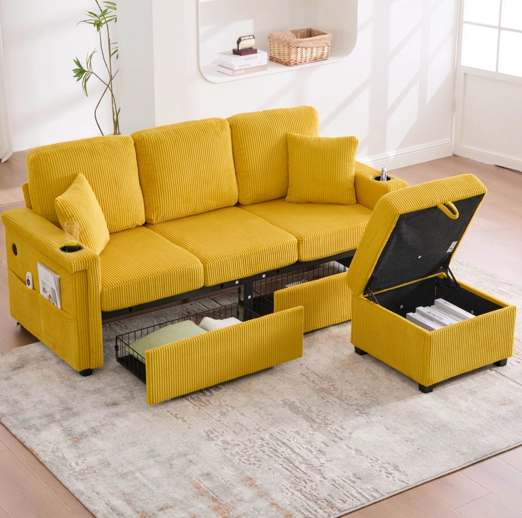 Divano in velluto a coste giallo senape con LED; USB/Type-C; portabevande e vano contenitore