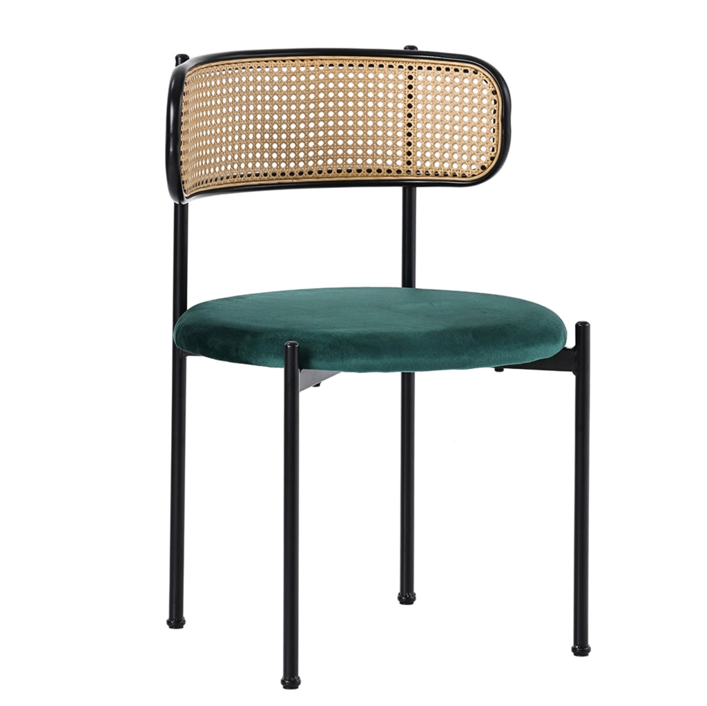 Set di 4 sedie da pranzo in velluto verde con schienale in rattan e gambe in metallo