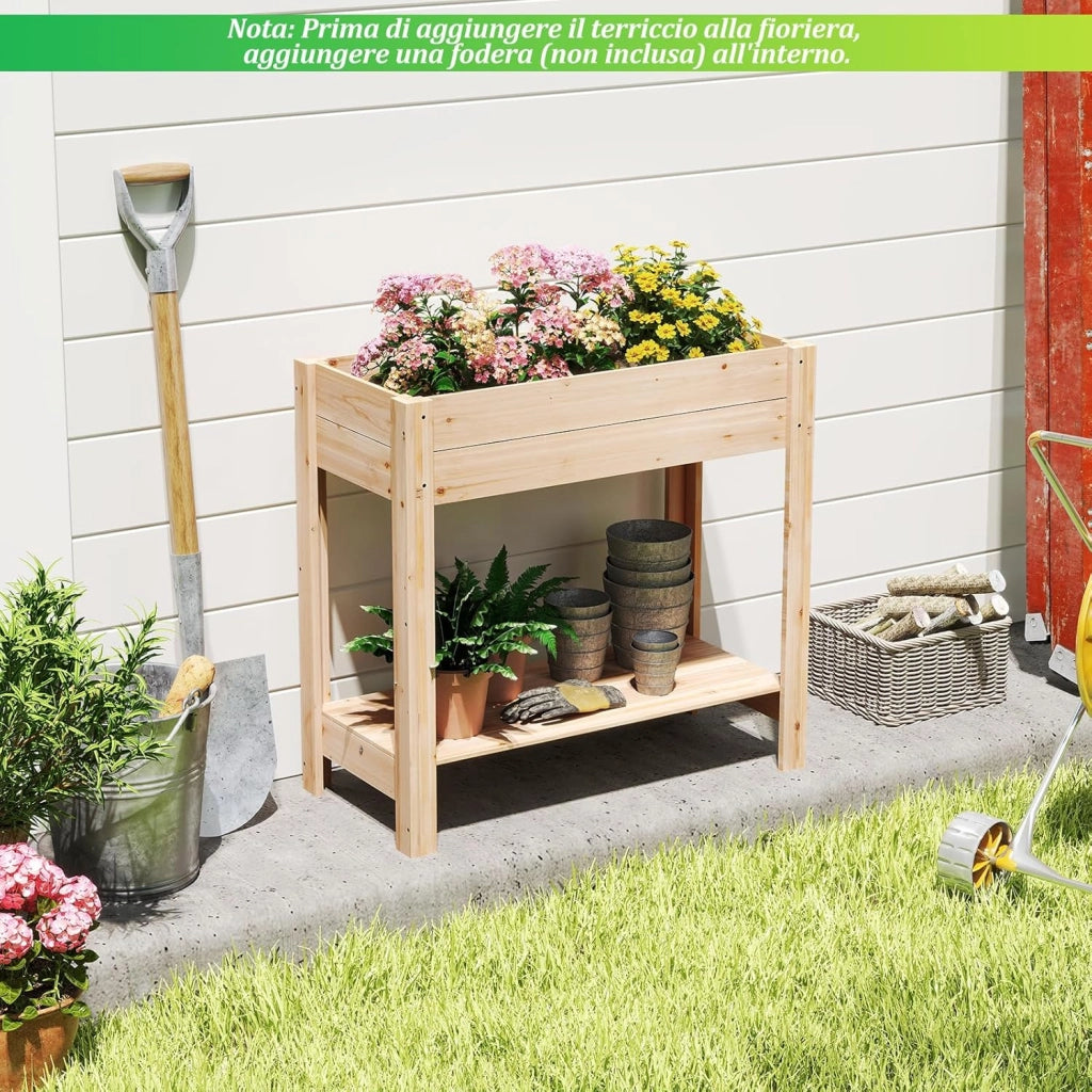 Letto da Giardino Rialzato, Fioriera Elevata con Mensola di Stoccaggio, Drenaggio, Orto in Legno Fiori, Erbe e Verdure per Giardino, Cortile e Patio, 81 x 38 x 77 cm