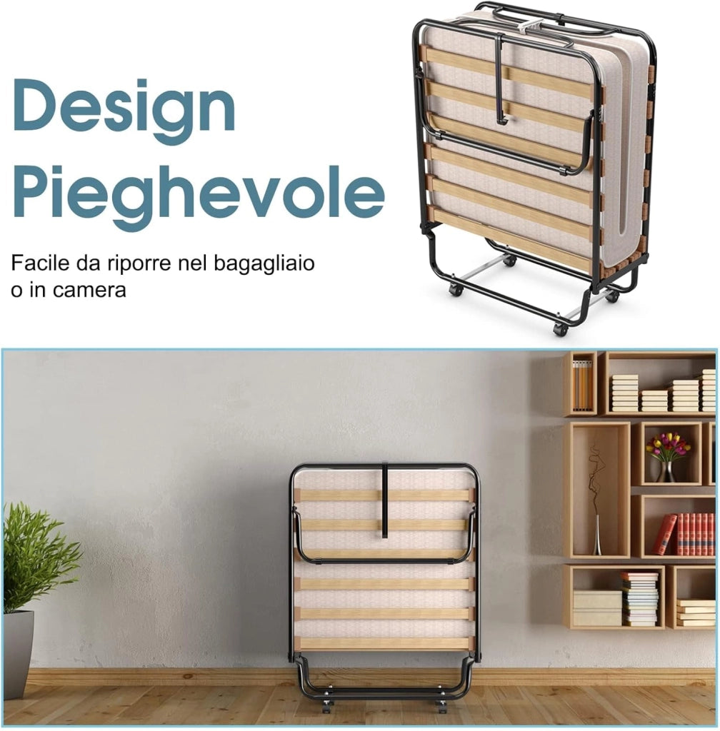 Brandina Pieghevole con Materasso, in Memory Foam, Struttura Resistente e 4 Ruote Girevoli, Lettino Pieghevole per Casa Ufficio, 190x80x39 cm