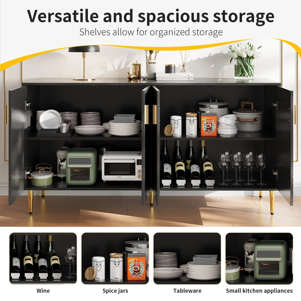 Credenza moderna con 2 ante e 4 vani in MDF nero con dettagli oro e design ondulato 152 × 40 × 75 cm