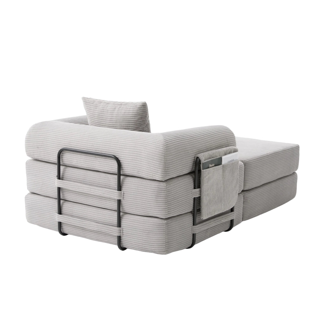 Poltrona con poggiapiedi modulare con tasca laterale; cuscino e design ergonomico in tessuto a coste grigio chiaro