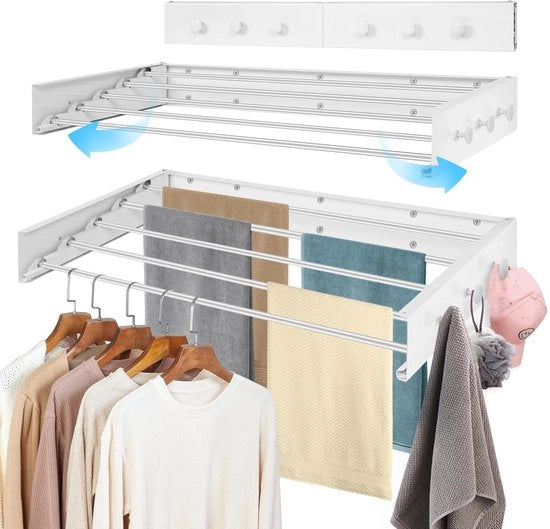 Droogrek per parete, 100 cm, Spaziale e Estendibile con 6 Ganci per asciugamani, Droogrek per parete per interni ed esterni, Balcone, Terrazza (Bianco)